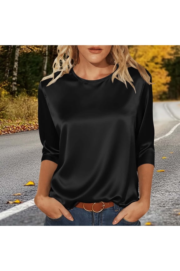 Silk Shirts for Women Satin Tops 3/4 Sleeve Crew Neck Pullover Black Matching Christmas Shirts,L