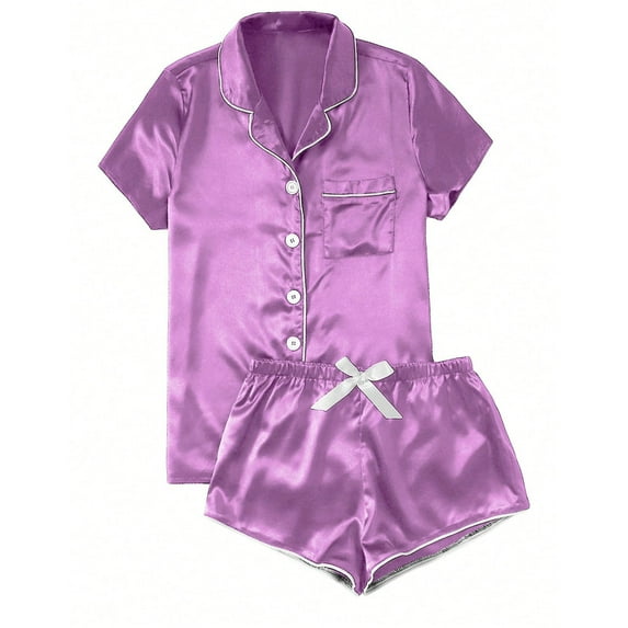 Aobny Silk Sleep Women's Pajamas Fancy Purple Sleepwear Sets Wide-Leg Satin Collared Juniors Pjs