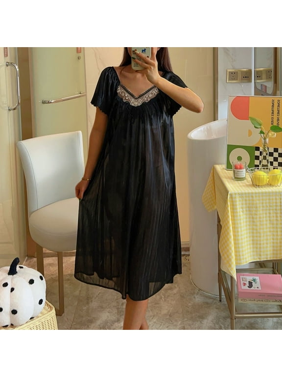 Silk Soft Nightgowns for Woman Black Long Short Sleeve V-Neck Solid Mumu Nightshirts for Adult Fall