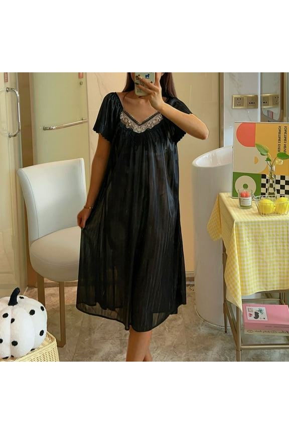 Silk Soft Nightgowns for Woman Black Long Short Sleeve V-Neck Solid Mumu Nightshirts for Adult Fall