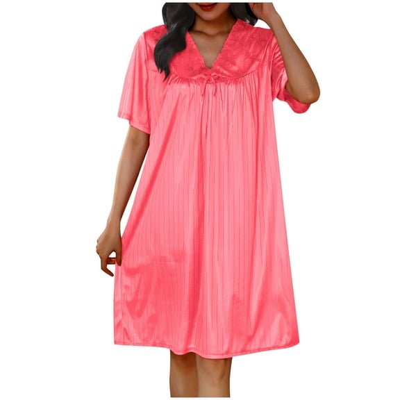 Aobny Silk Soft Nightgowns for Woman Red Knee Length Solid V-Neck Short Sleeve Mumu Nightshirts for Adult Sleepwear
