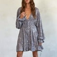 thumbnail image 1 of Aobny Silver Summer Dresses for Women 2025 Party Club A-Line Long Sleeve Sequin Mini V-Neck Work Dresses for Women, 1 of 7