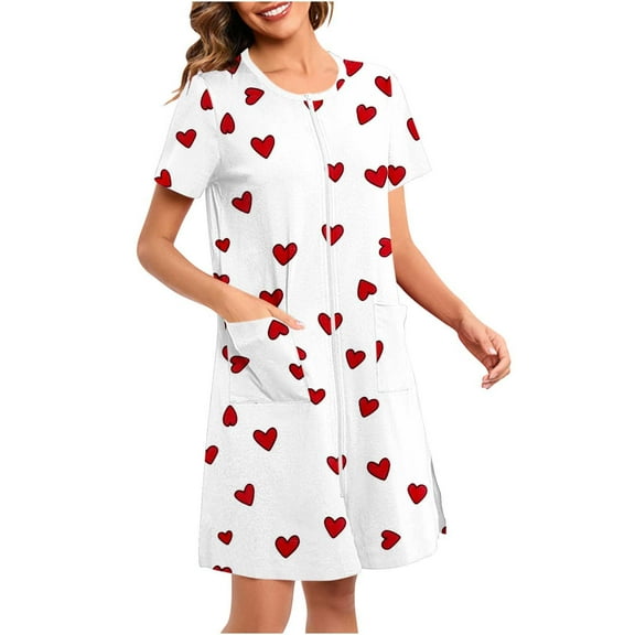 Aobny Sleep Dress Valentine's Women Zip-Up Short House Dresses Crew Neck White Short Sleeve Ladies Pajamas Sets,XL