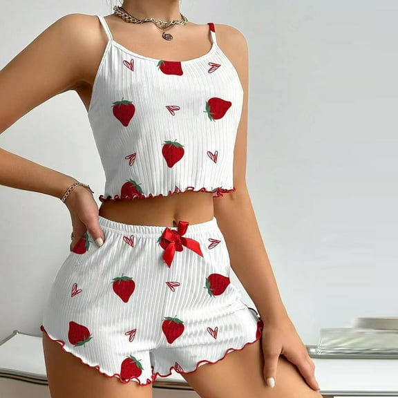 Aobny Sleeping Womans Pajamas Women White Loose Sleeveless Halter Short Wide-Leg Strawberry Sets Pjs for Lady Fall