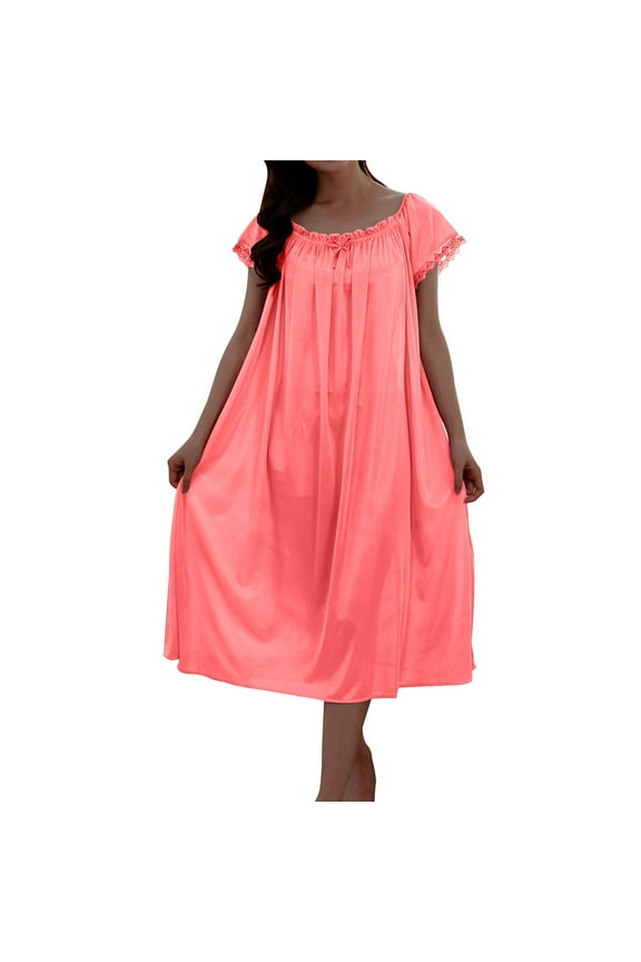 Sleepwear Nightgowns for Woman Orange Silk Crew Neck Short Sleeve Solid Long Mumu Adults Nightshirts Knit