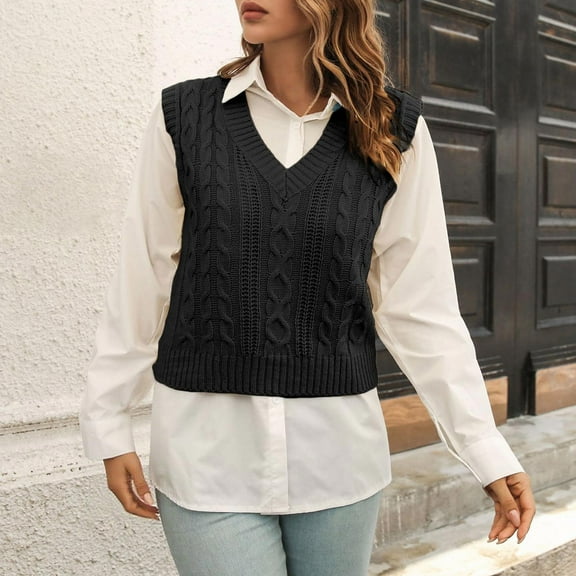 Aobny Sleeveless Cute Fall Sweaters V-Neck Cable Knit Lightweight Black Sweater Vests Women Pullover Low Cut Tops for Women,L