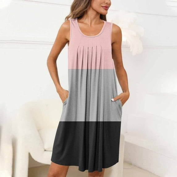 Aobny Sleeveless Nightgown for Woman Ruched Color Block Pink Short Crew Neck Nightgowns,Women's