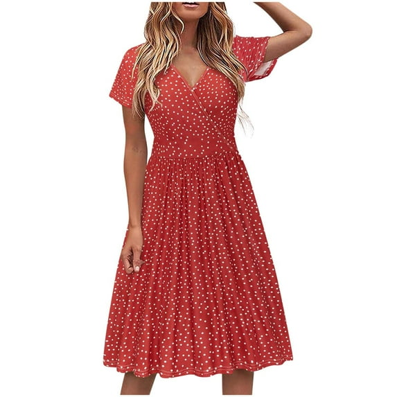 Aobny Slimming Summer Dresses for Women 2025 Boho Red A-Line Dress Short Sleeve Midi Floral Fall Dresses for Women 2025