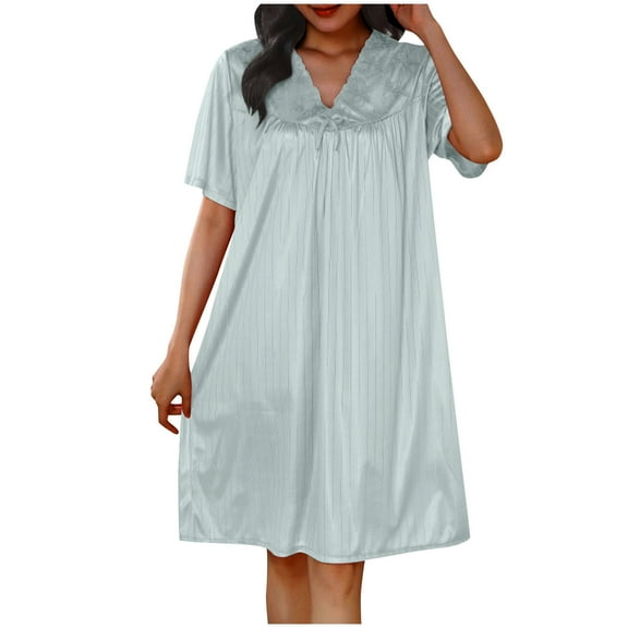 Aobny Soft Nightgowns for Woman Silk Green V-Neck Solid Knee Length Short Sleeve Mumu Nightshirts for Adult Winter