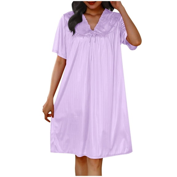 Aobny Soft Nightgowns for Woman Silk Purple Short Sleeve Knee Length V-Neck Solid Mumu Nightshirts for Adult Loungewear