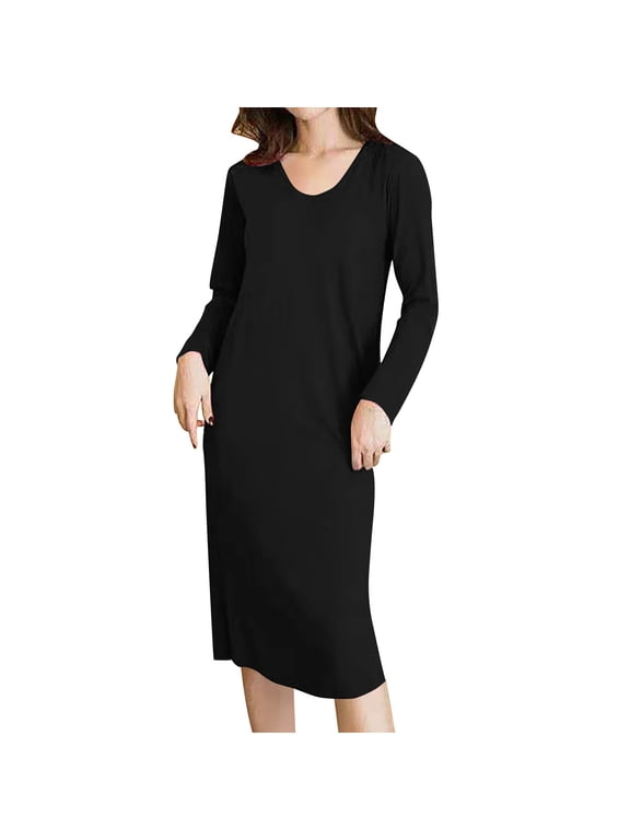 Soft Women's Nightgowns Padded Black Nightshirts Long Sleeve Long Crew Neck Ladies Pajamas Cute
