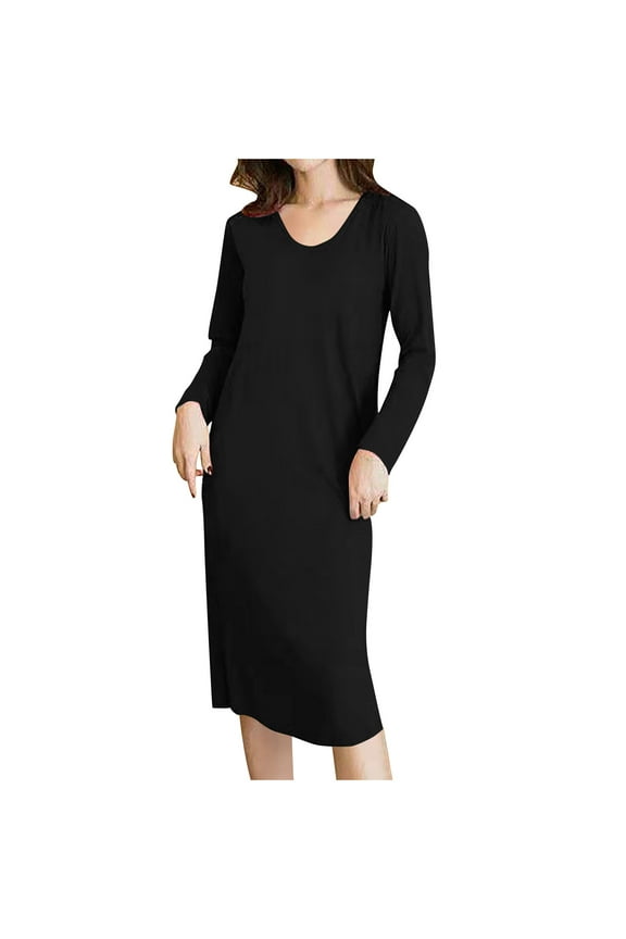 Soft Women's Nightgowns Padded Black Nightshirts Long Sleeve Long Crew Neck Ladies Pajamas Cute