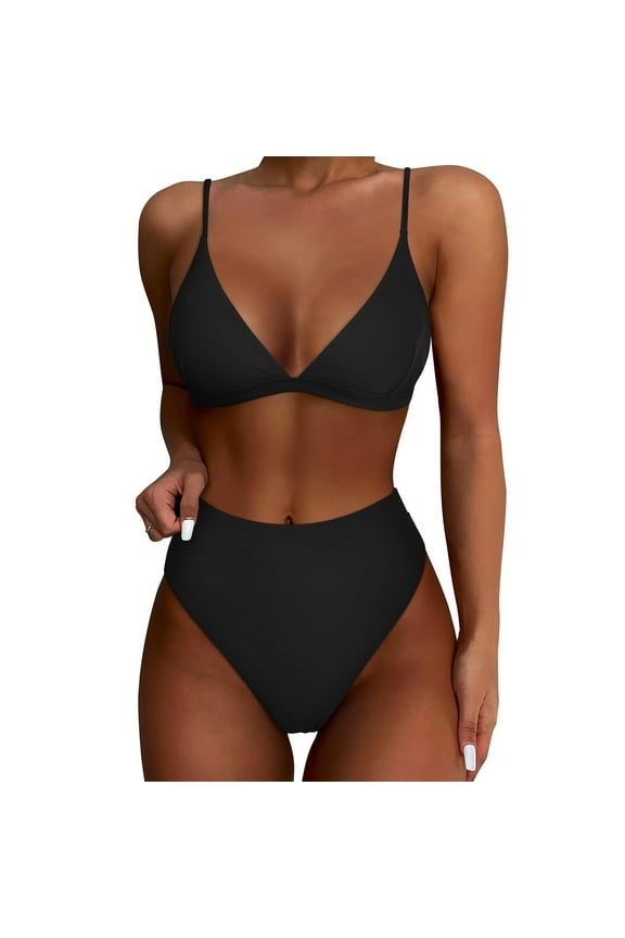 Solid Bathing Suit for Women 2 Piece Swim Suit Bikinis Crew Neck Triangle High Waist Black Bathing Suit,L