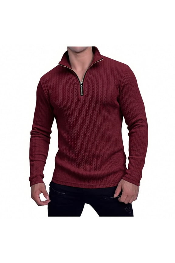 Solid Mens Shirt Zip Jacquard Tshirt Long Sleeve High Neck T Shirt Men,Red,XXL