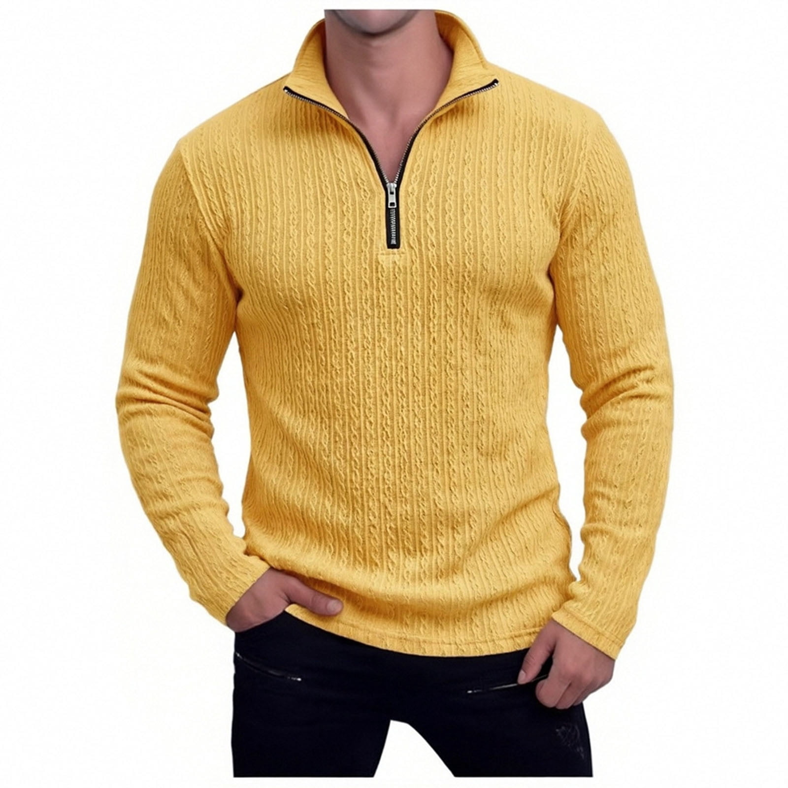 Aobny Solid Mens Shirt Zip Jacquard Tshirt Long Sleeve High Neck T ...