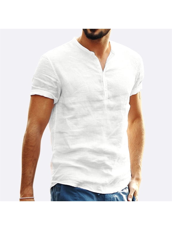 Solid Mens T Shirts Cotton Linen Baggy Clothes Big & Tall Henley Short Sleeve Mens Beach Shirts,White,M
