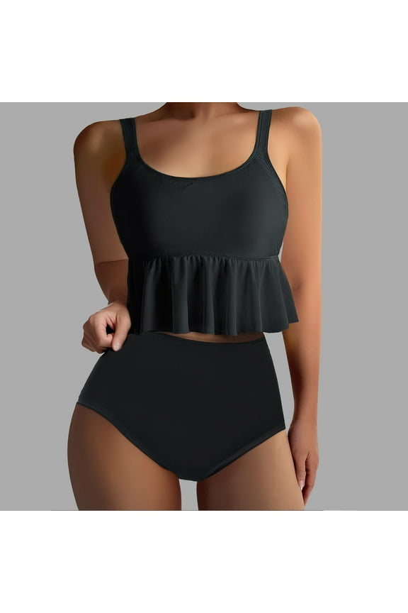 Solid Women's Swimwear Peplum Swimsuits Crew Neck Bikinis High Waist Crop-Top Black Bathing Suits,L