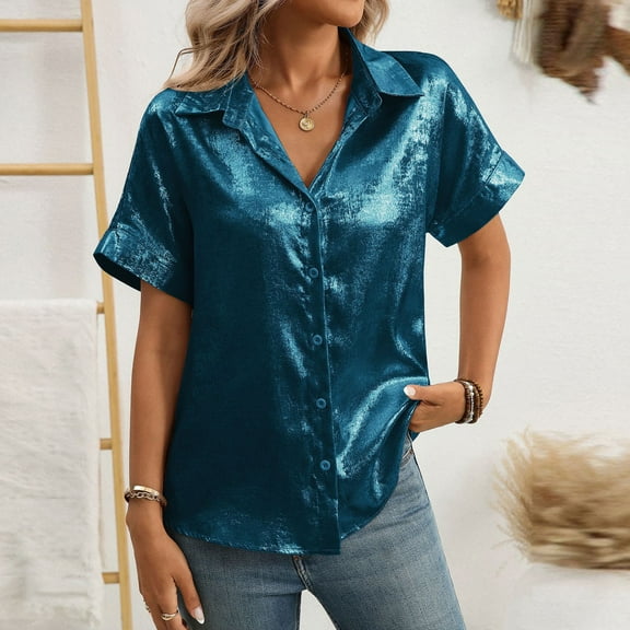 Aobny Sparkly Classy Tops for Women Metallic Blue Shirt Short Sleeve V-Neck Women Spring Tops,XXL