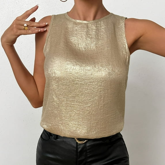 Aobny Sparkly Y2k Tops for Women Gold High Neck Sleeveless Tank Tops Tops Tube Women T Shirt,L