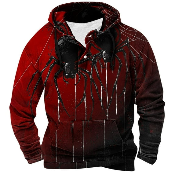 Aobny Spider Print Hoodies for Men Red Hooded Button Up Shirts Men ...