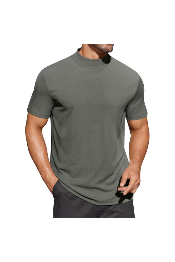 Sports T-Shirts for Man High Neck Short Sleeve Ribbed Gray Tops Plain Pullover Summer Tops,S