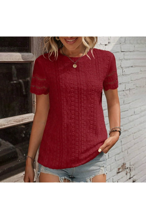 Spring Tops Women Eyelet Red T-shirts Short Sleeve Cotton Embroidered Women Going Out Tops,L