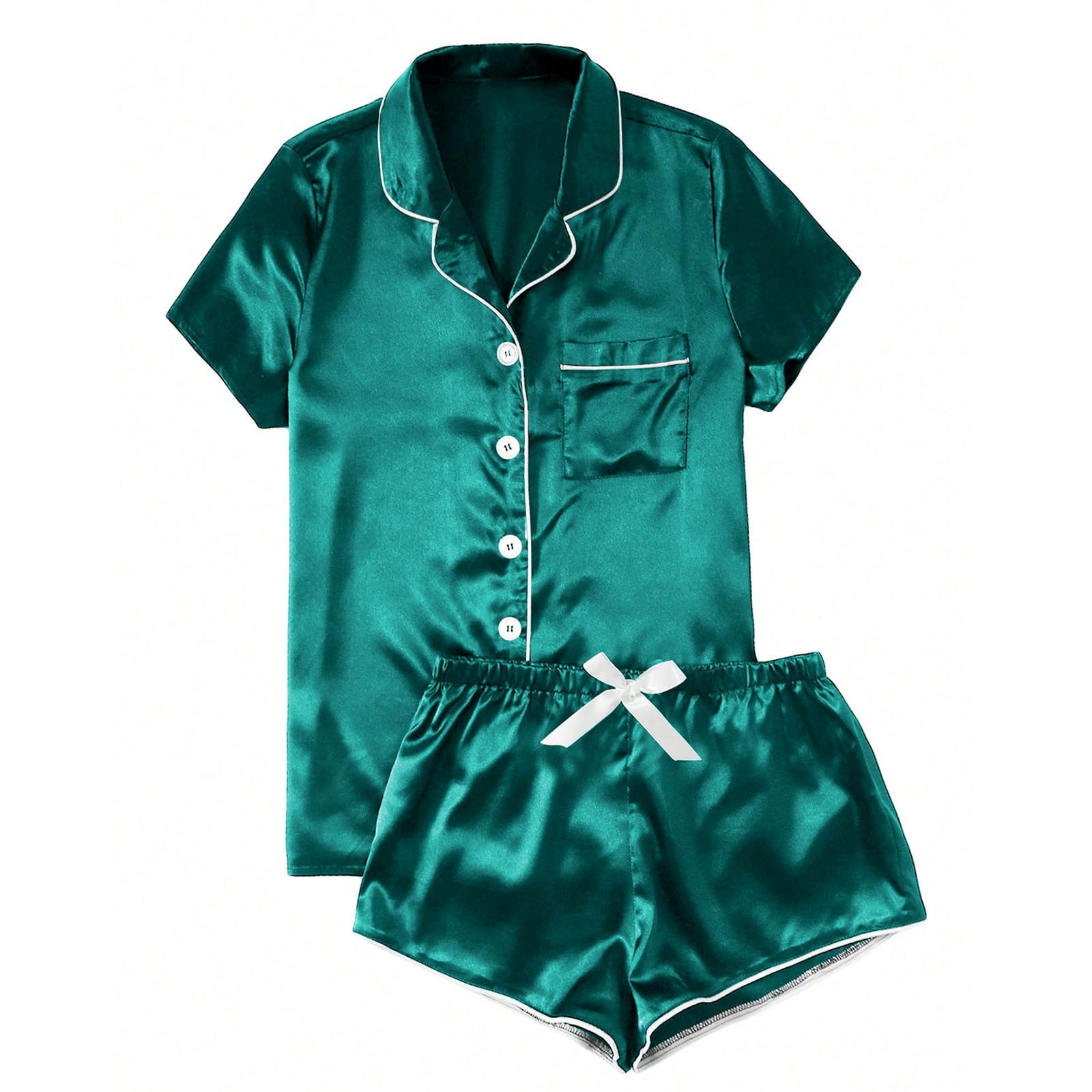 Aobny Spring Women's Pajamas Green Trendy Silk Sleepwear Sets Collared ...