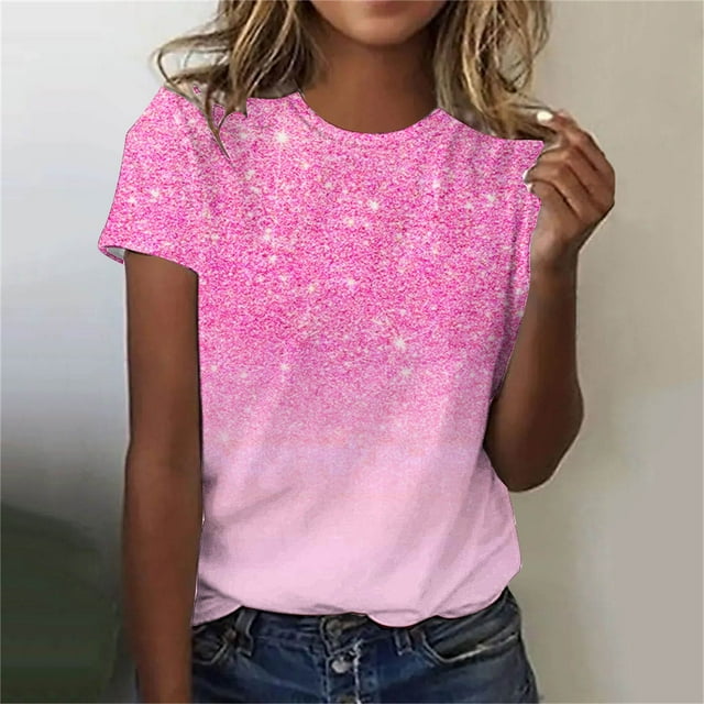 Aobny Spring Women's Streetwear T-Shirt Pink Glitter Tees Sparkly Short Sleeve Crew Neck Womans Clothes