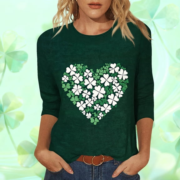 Aobny St Patrick's Dressy Blouses for Women Flowy Tops Army Green 3/4 Sleeve Crew Neck Funny Shirts for Women,M