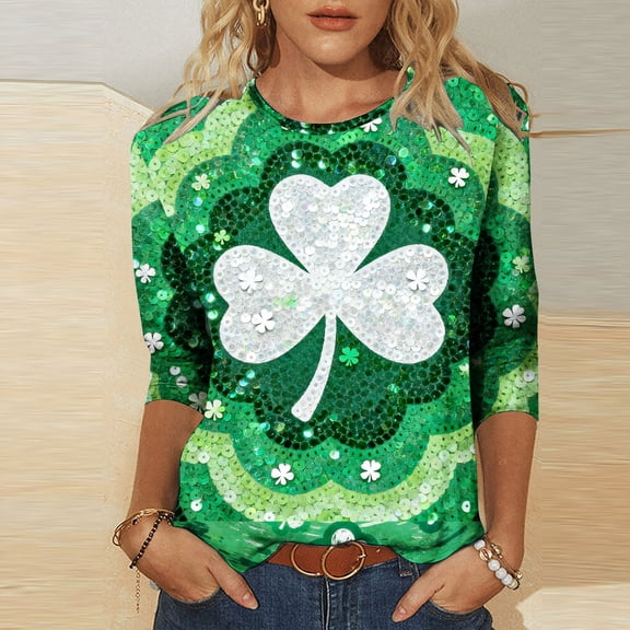 Aobny St Patrick's Tee Shirts Womens Festival T-shirts Green 3/4 Sleeve Crew Neck Pullover Funny Shirts,S