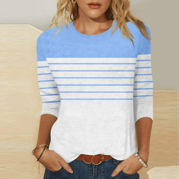 Aobny Striped Dressy Blouses for Women Blue Plus Size Tops 3/4 Sleeve Crew Neck Women's Blouses & Button-Down Shirts,S