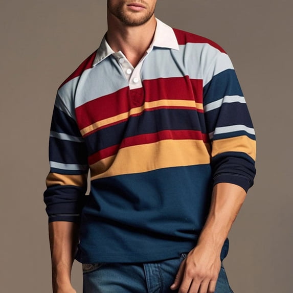 Aobny Striped Men's T Shirts Vintage Oversized Shirts Collared Big & Tall Polos Long Sleeve Shirts,Blue,L