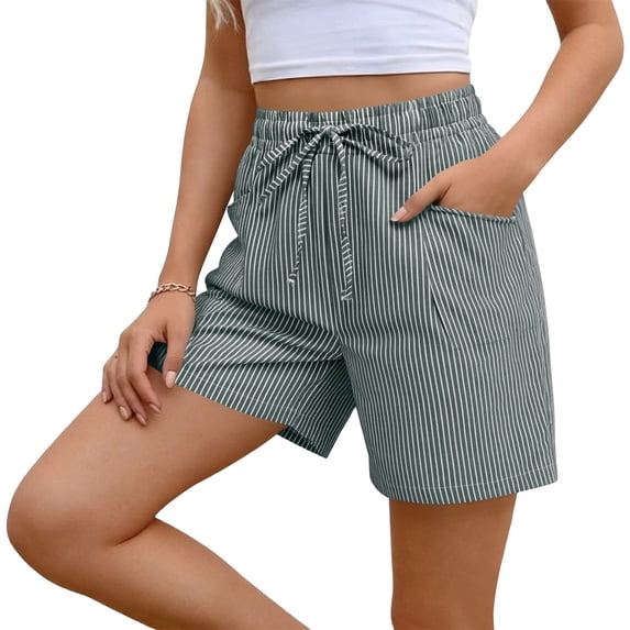 Aobny Striped Women Shorts Cotton Linen Bermuda Bottom Casual High Waisted Baggy Shorts for Women Trendy,Green,L