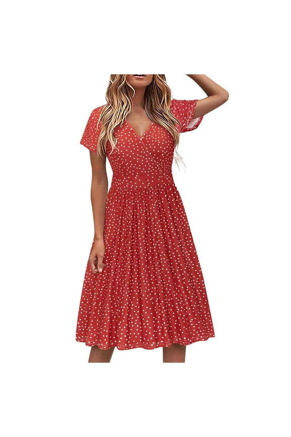 Summer Dresses for Women 2025 Slimming Red Boho A-Line Dress Floral Short Sleeve Midi Sexy Sundresses for Women