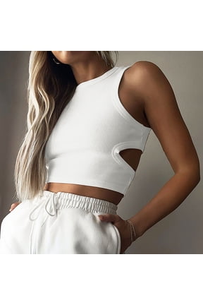 Summer Leisure Women's Tank Tops Ribbed White Basic Tops High Neck Open Back Crop Juniors Tops
