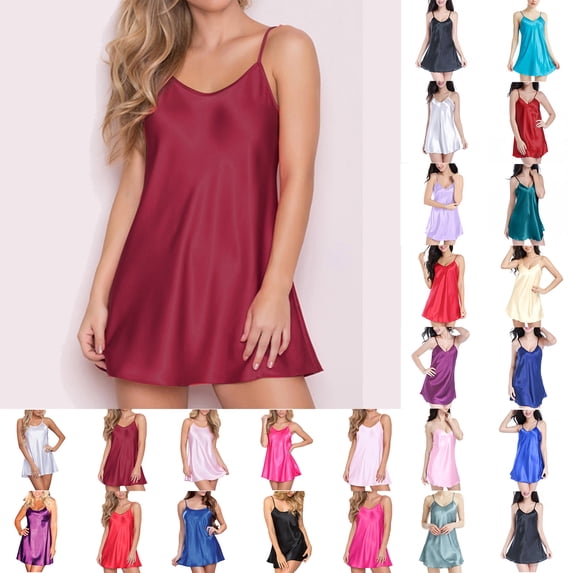 Aobny Summer Nightgowns for Women Silk Sexy Solid Sleep Dresses V-Neck Mini Sleeveless Ladies Loungewear,Black,XL