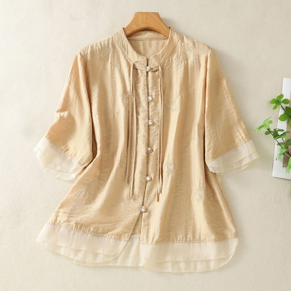 Aobny Summer Tops Women Beige Button Down Shirt V-Neck Cotton Elbow-Length Ladies Tops and Blouses