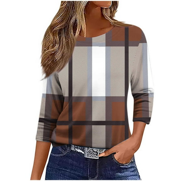 Aobny Summer Tops for Women Brown Plus Size Plaid Pullover Long Sleeve Crew Neck Womens Tops