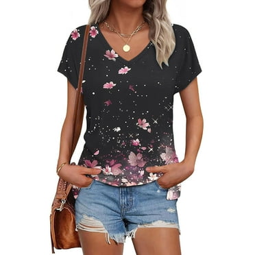 Aobny Summer Women's Casual T-Shirt Pretty Tops Short Sleeve Floral V-Neck T-shirts for Junior