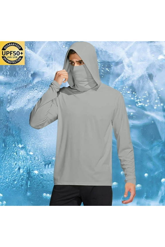 Sun Shirt T Shirts for Man with Mask Camo Shirt Long Sleeve Hooded Work Shirts for Men,Gray,XL