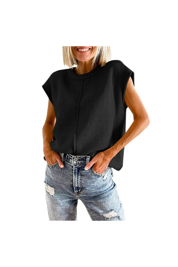 Sweater Winter Tops for Woman Black Crew Neck Knit Solid Short Sleeve Pullover Tops for Junior Trendy
