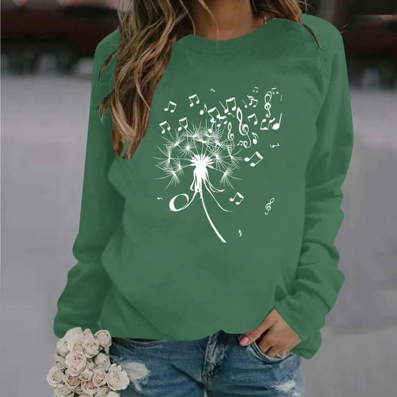 Aobny Sweatshirt Fashion Tops for Women Green Long Sleeve Pretty Floral Crew Neck Pullover Tops for Lady Trendy