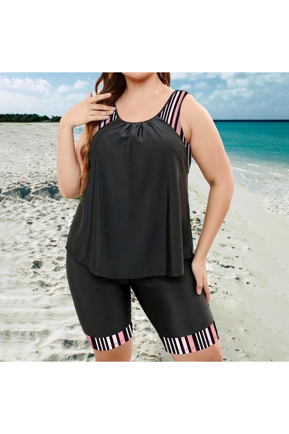 Swim Suit Striped Plus Size Womens Swim Suit Tankinis Crew Neck Boy Shorts Black Bikini Sets,XXL