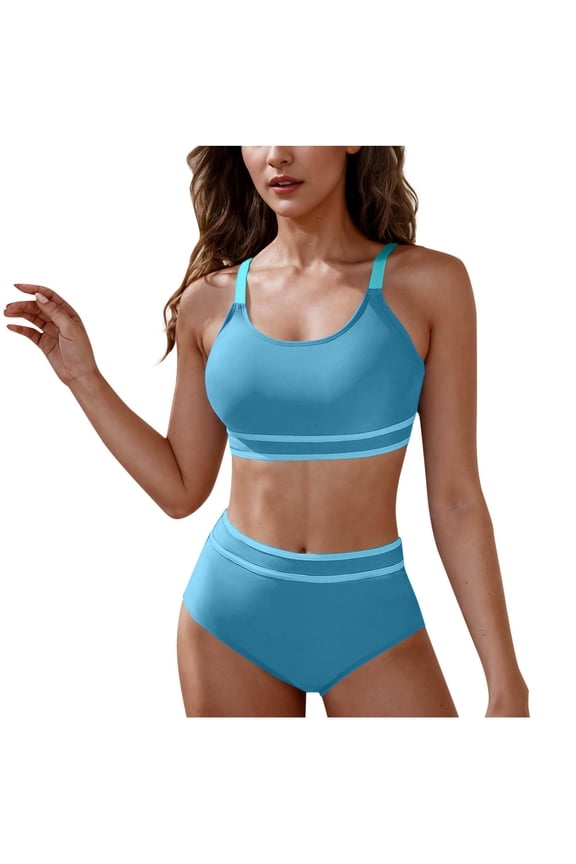 Swimsuit Sexy Striped Womens Swim Suit Crew Neck Bikinis High Waist Blue Women's Swimsuits,M
