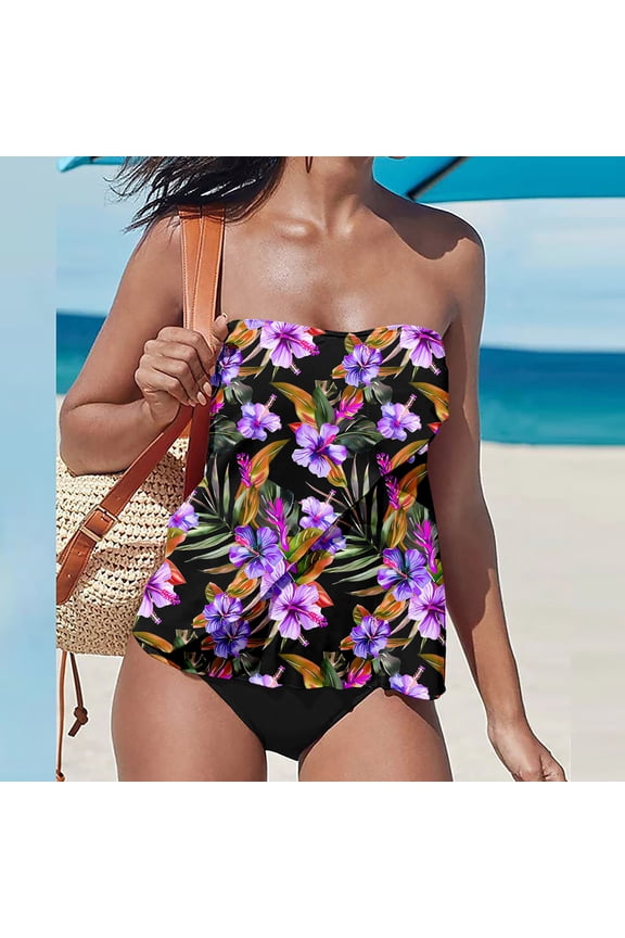 Swimsuit Tube Floral Womens Swim Suits Bandeau Tankinis Hipster Crew Neck Swim Suits,L