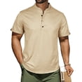 thumbnail image 1 of Aobny T-Shirt Button Up Cotton Linen Solid Mens Tshirt Henley Short Sleeve Vintage T Shirts,Khaki,XL, 1 of 7