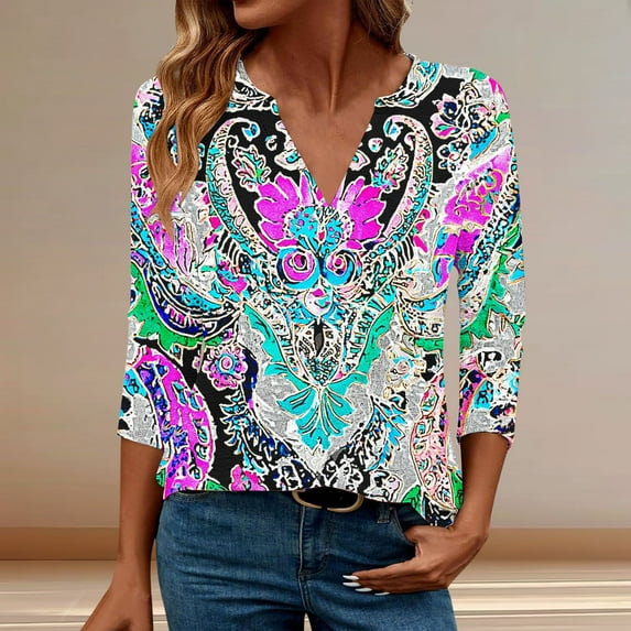 Aobny T-Shirt Women Blue Bohemian Loose Shirt V-Neck 3/4 Sleeve Fancy Tops for Women,XL