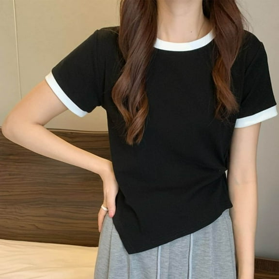 Aobny T-Shirts Black Twist Front Women T-Shirt Ringer Crew Neck Short Sleeve Vacation Tops for Women,XL