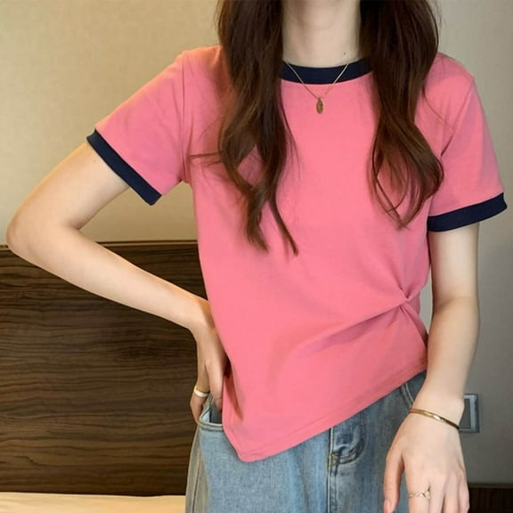 Aobny T-Shirts Pink Women Twist Front T-Shirt Ringer Crew Neck Short Sleeve Going Out Tops Women,L