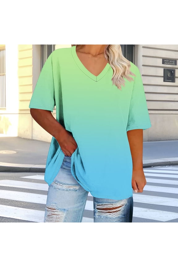 T Shirts Women for Curvy Gradient Tunic T-shirts Short Sleeve V-Neck Plus Size Green Ladies Tops and Blouses,XXXXXL